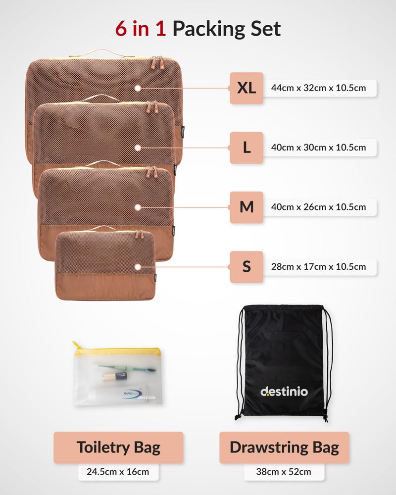 Destinio Packing Cubes for Travel, 6 in 1 Water Resistant Travel Organizer Pouch Set (4 Cubes+ Drawstring Bag+ Cosmetic Pouch), Luggage Suitcase Wardrobe Organiser Bags for Clothes Shoes (Mocha) - Image 5
