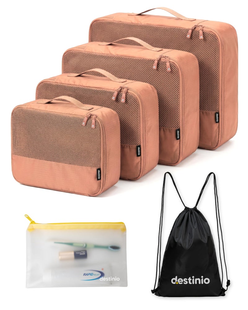 Destinio Packing Cubes for Travel, 6 in 1 Water Resistant Travel Organizer Pouch Set (4 Cubes+ Drawstring Bag+ Cosmetic Pouch), Luggage Suitcase Wardrobe Organiser Bags for Clothes Shoes (Mocha) - Image 1