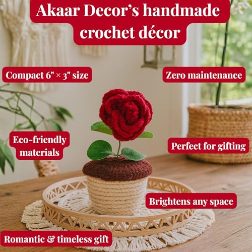 Akaar Decor's Handcrafted Red Rose Crochet Flower with Pot | Artificial Flowers for Home | Birthday | Anniversary | Housewarming Gifts | 100% Handmade Yarn Flower Décor|6 inches|Valetine Day - Image 4