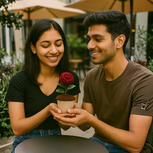 Akaar Decor's Handcrafted Red Rose Crochet Flower with Pot | Artificial Flowers for Home | Birthday | Anniversary | Housewarming Gifts | 100% Handmade Yarn Flower Décor|6 inches|Valetine Day - Image 5