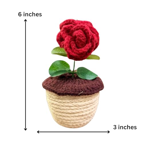 Akaar Decor's Handcrafted Red Rose Crochet Flower with Pot | Artificial Flowers for Home | Birthday | Anniversary | Housewarming Gifts | 100% Handmade Yarn Flower Décor|6 inches|Valetine Day - Image 3
