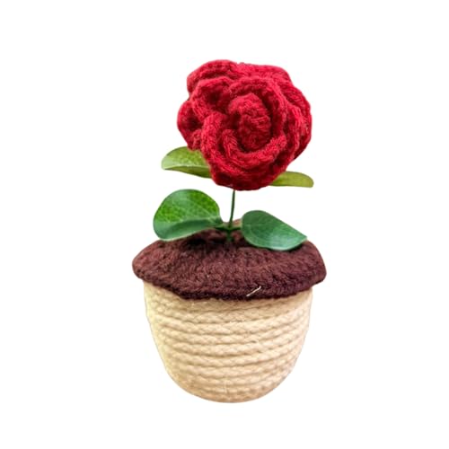 Akaar Decor's Handcrafted Red Rose Crochet Flower with Pot | Artificial Flowers for Home | Birthday | Anniversary | Housewarming Gifts | 100% Handmade Yarn Flower Décor|6 inches|Valetine Day - Image 2