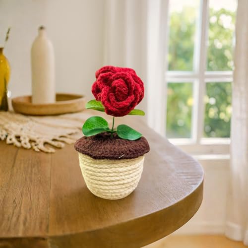 Akaar Decor's Handcrafted Red Rose Crochet Flower with Pot | Artificial Flowers for Home | Birthday | Anniversary | Housewarming Gifts | 100% Handmade Yarn Flower Décor|6 inches|Valetine Day - Image 1