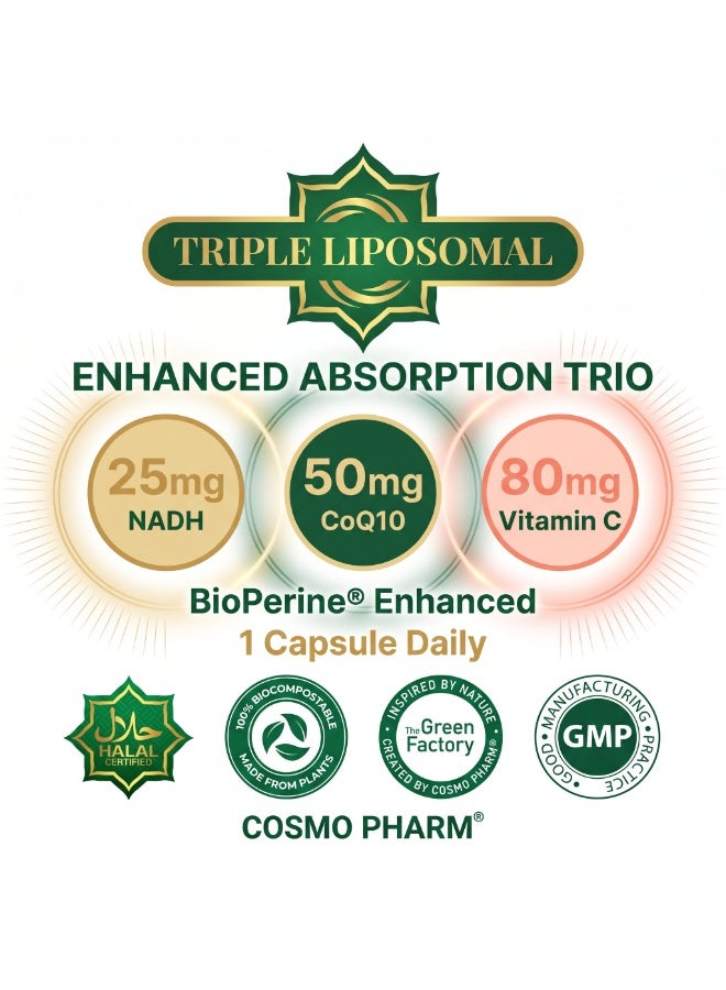 Cosmo Pharm NADH + CoQ10 + Vitamin C Liposomal Trio | Supports Energy & Cellular Protection | 90 Vegetable Capsules - Image 5