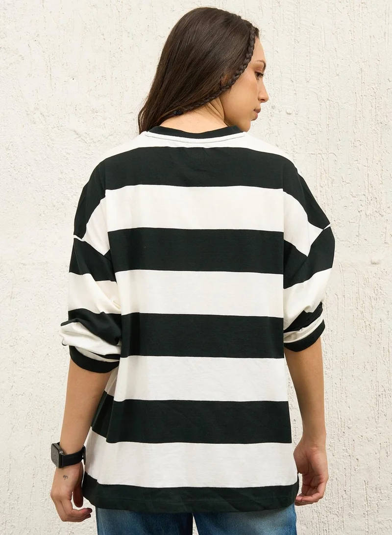 Hubberholme Black and White Striped Pattern Boxy Striped Round Neck Cotton T-Shirt for Women