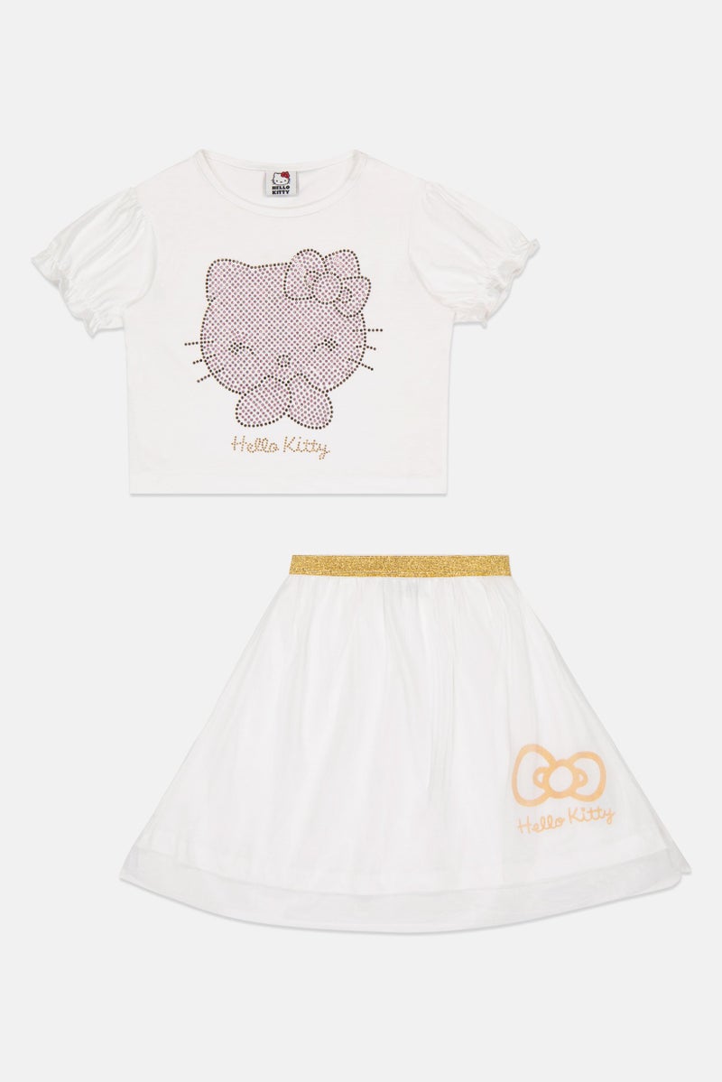 Hello Kitty Kids Girl 2Pcs Graphic Print Top And Skirt Set, White - Image 3