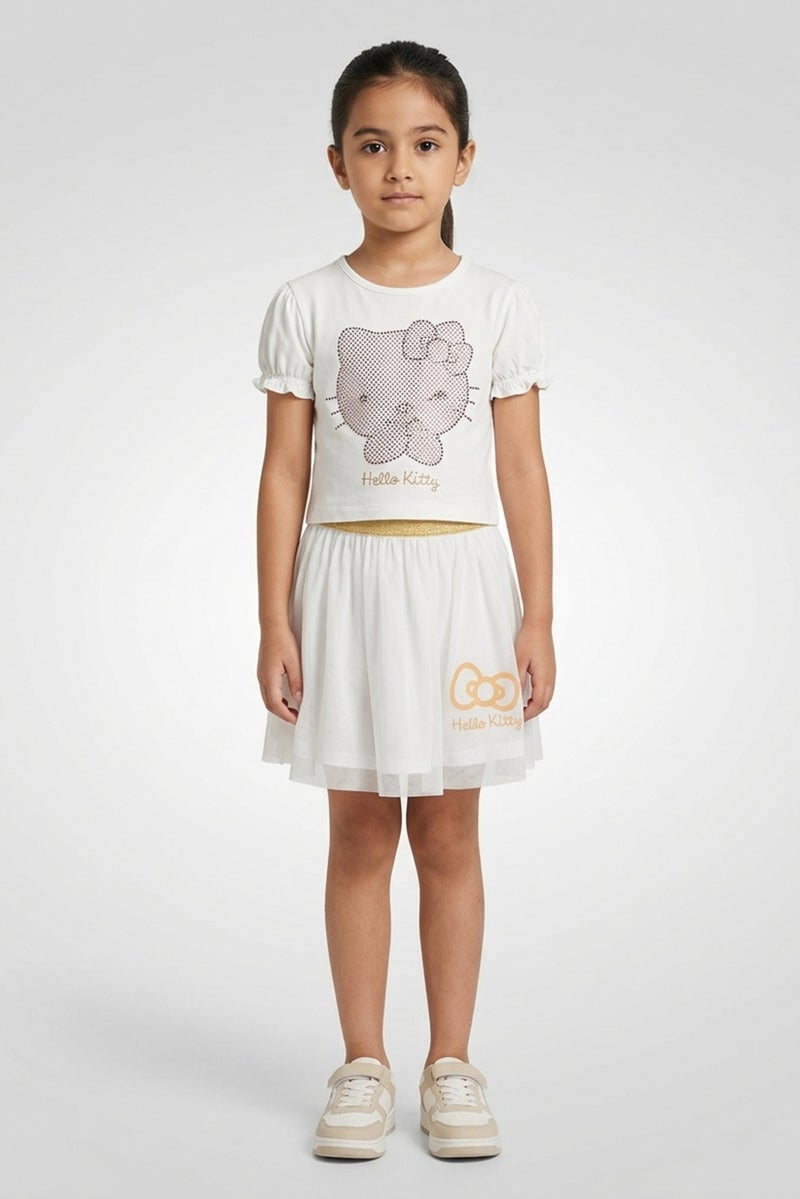 Hello Kitty Kids Girl 2Pcs Graphic Print Top And Skirt Set, White - Image 1