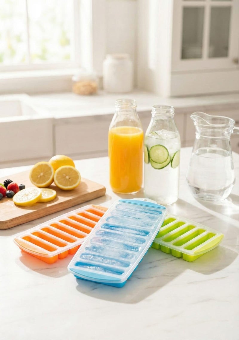 faas Water Bottle Long Stick Ice Cube Trays with Easy Push Pop Out Narrow Ice Stick Cubes Assorted Color Silicone Bottom Ice Stick Tray Pack of 3 - Image 1