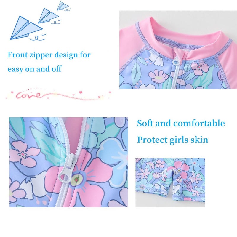 UMELOK Girls Rash Guard Swimsuits Long Sleeve One Piece Swimwear with UPF 50+ Sun Protection Zipper Bathing Suits Pink Multicolored Flowers,8Y - Image 3
