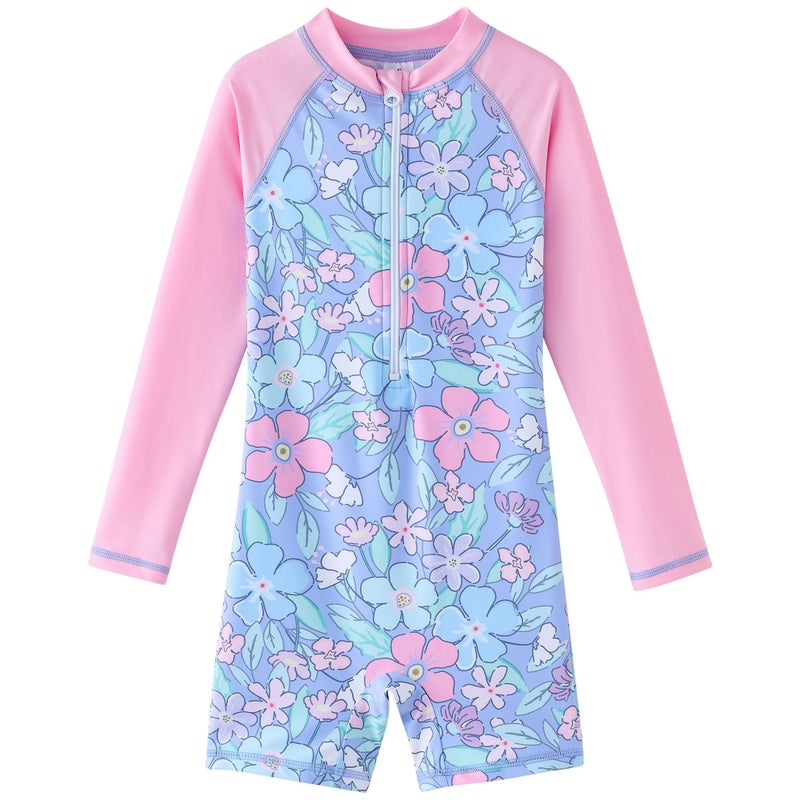 UMELOK Girls Rash Guard Swimsuits Long Sleeve One Piece Swimwear with UPF 50+ Sun Protection Zipper Bathing Suits Pink Multicolored Flowers,8Y - Image 1