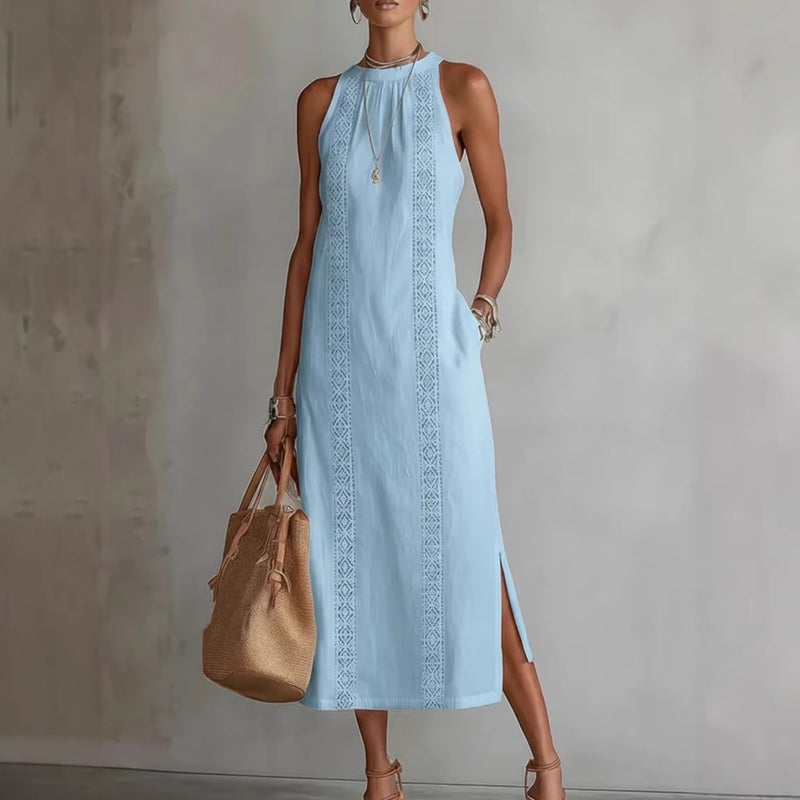 Women's Halter Neck Lace Trim Sleeveless Midi Dress - Image 4