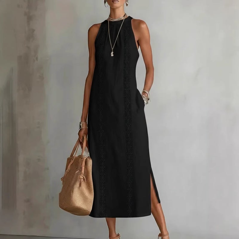 Women's Halter Neck Lace Trim Sleeveless Midi Dress - Image 3