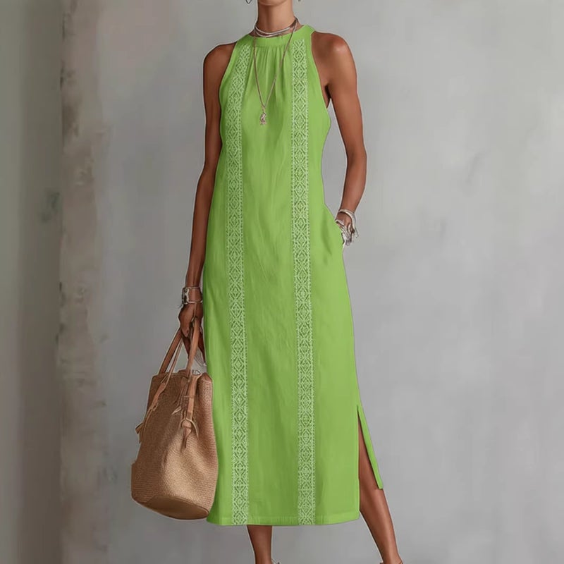 Women's Halter Neck Lace Trim Sleeveless Midi Dress - Image 1
