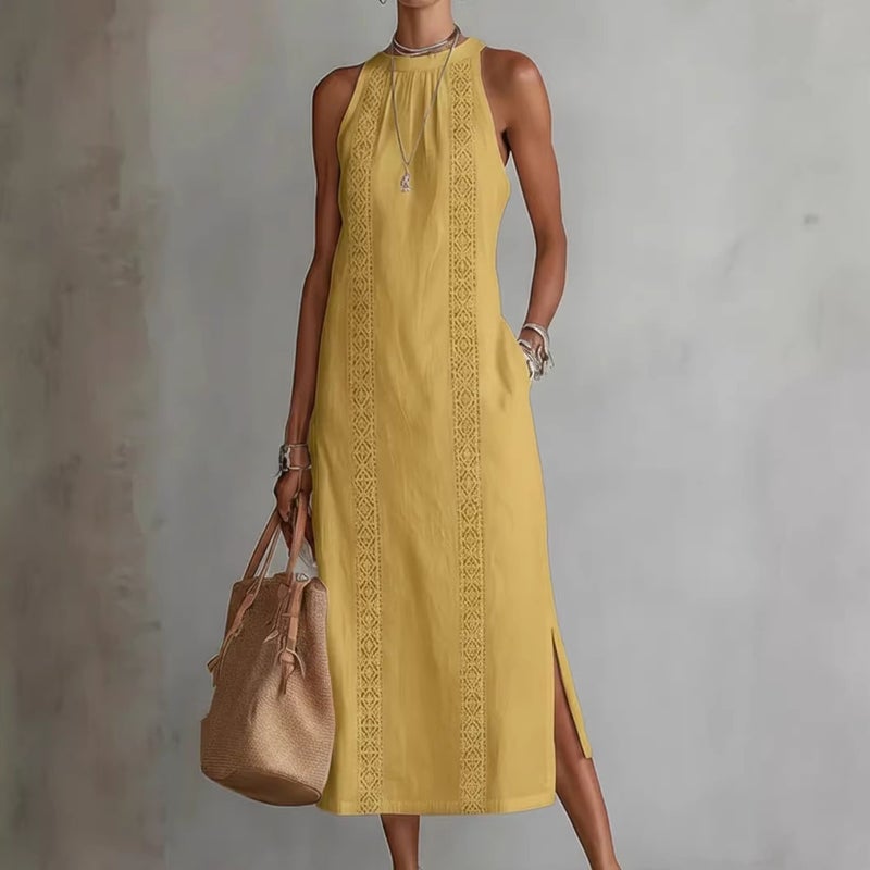Women's Halter Neck Lace Trim Sleeveless Midi Dress - Image 2