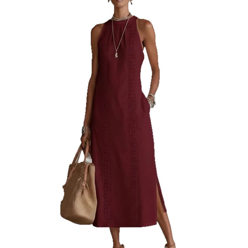 Women's Halter Neck Lace Trim Sleeveless Midi Dress - Image 5