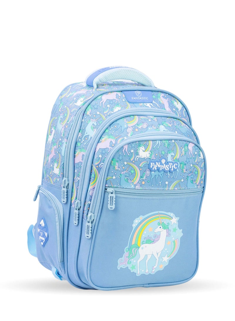 Fantastic QY002 Fantastic School Backpack, Unicorn and Rainbow Design, Light Blue, Multi-Pockets - Image 1