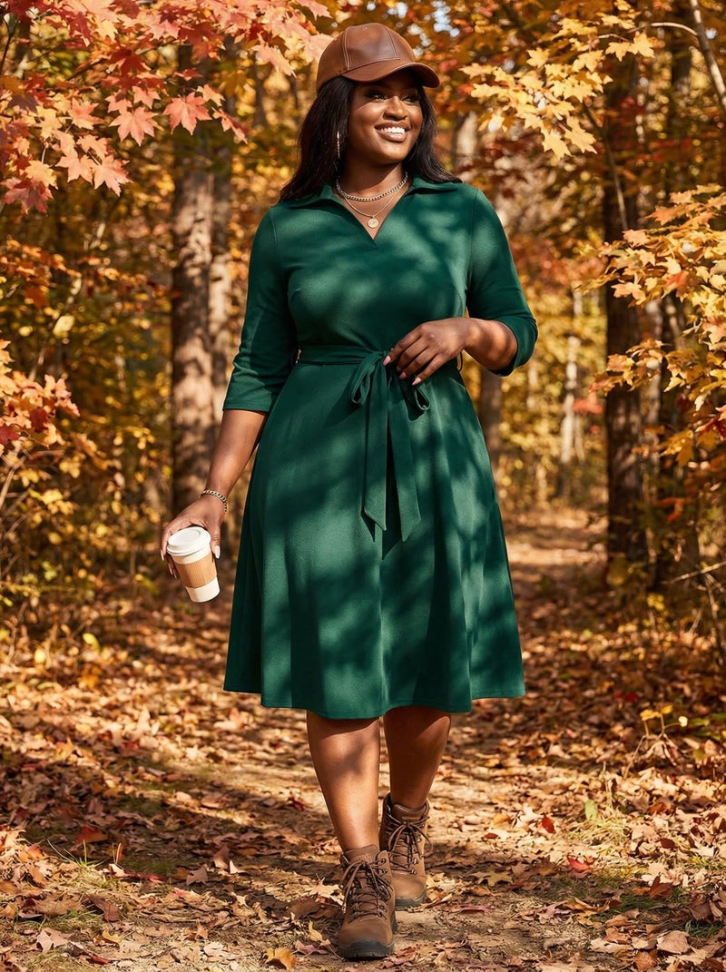 FANDEE Emerald Green Dress for Women Elegant Wrap Flared Midi Dress Wedding Guest Cocktail Tea Dresses A-line Swing V-Neck 3/4 Sleeve XL - Image 2