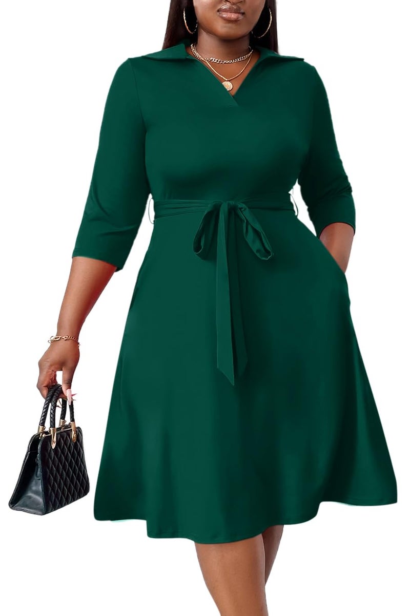 FANDEE Emerald Green Dress for Women Elegant Wrap Flared Midi Dress Wedding Guest Cocktail Tea Dresses A-line Swing V-Neck 3/4 Sleeve XL - Image 1
