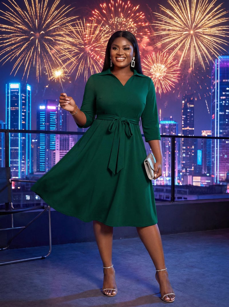 FANDEE Emerald Green Dress for Women Elegant Wrap Flared Midi Dress Wedding Guest Cocktail Tea Dresses A-line Swing V-Neck 3/4 Sleeve XL - Image 5