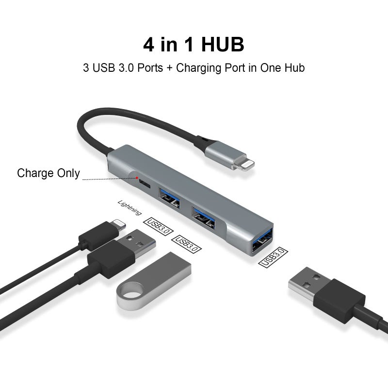 Belcompany Lightning to USB Hub [Apple MFi Certified] 4-in-1 USB OTG Hub with 3 USB 3.0 Port and Fast Charging Port for iPhone/iPad Compatible with USB Microphones/USB Flash Drive/Keyboard/Mouse/USB Sound Card - Image 2