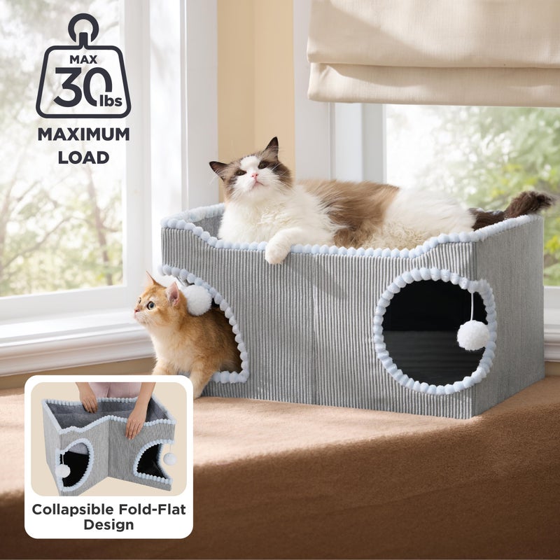 Bedsure Large Cat Beds for Indoor Cats - Extra Wide Cat House with Scratch Removable Top Sisal Pad for Multi Cats, Foldable Cave Hideaway for Entertainment, 23.6x15.9x12.6inches, Grey - Image 4
