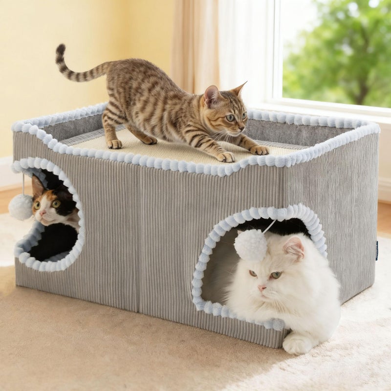 Bedsure Large Cat Beds for Indoor Cats - Extra Wide Cat House with Scratch Removable Top Sisal Pad for Multi Cats, Foldable Cave Hideaway for Entertainment, 23.6x15.9x12.6inches, Grey - Image 1