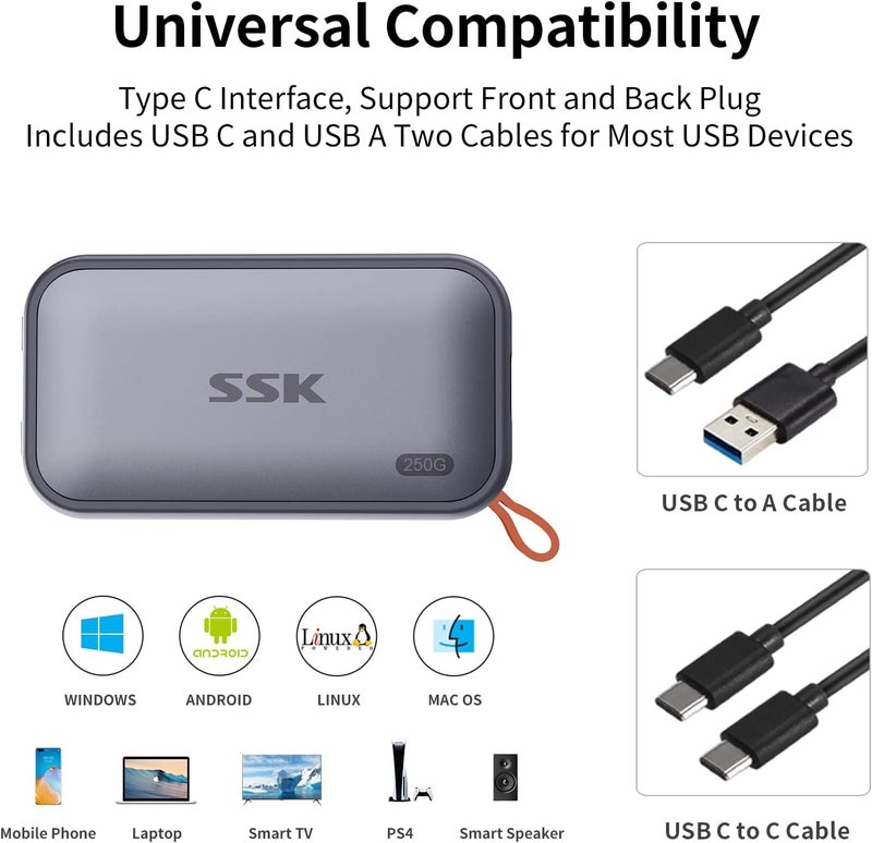 250GB Portable SSD External Solid State Hard Drive USB C Up to 1050MB/s | 10Gbps USB SSD External, 4K HDR ProRes, LED, USBA+C Cable, SMART, TRIM, OTG, Wide Compatible for iphone 15/16/17Pro - Image 4