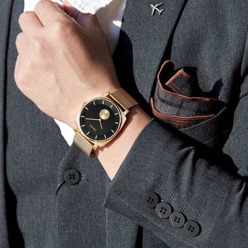 ترندا ساعة TRNDA مربعة الذهبية من الفولاذ المقاوم للصدأ بشبكي - مينا أسود خالدة للرجال - Image 2