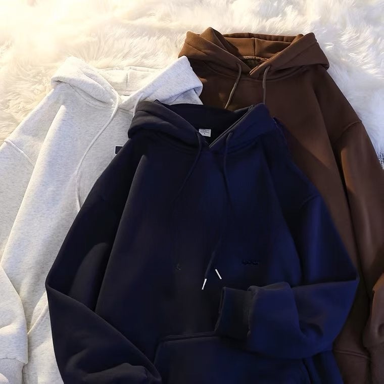 Autumn Winter Thick Fleece Hoodie Men Oversize Korean Loose Letter Sweatshirt White - Image 4