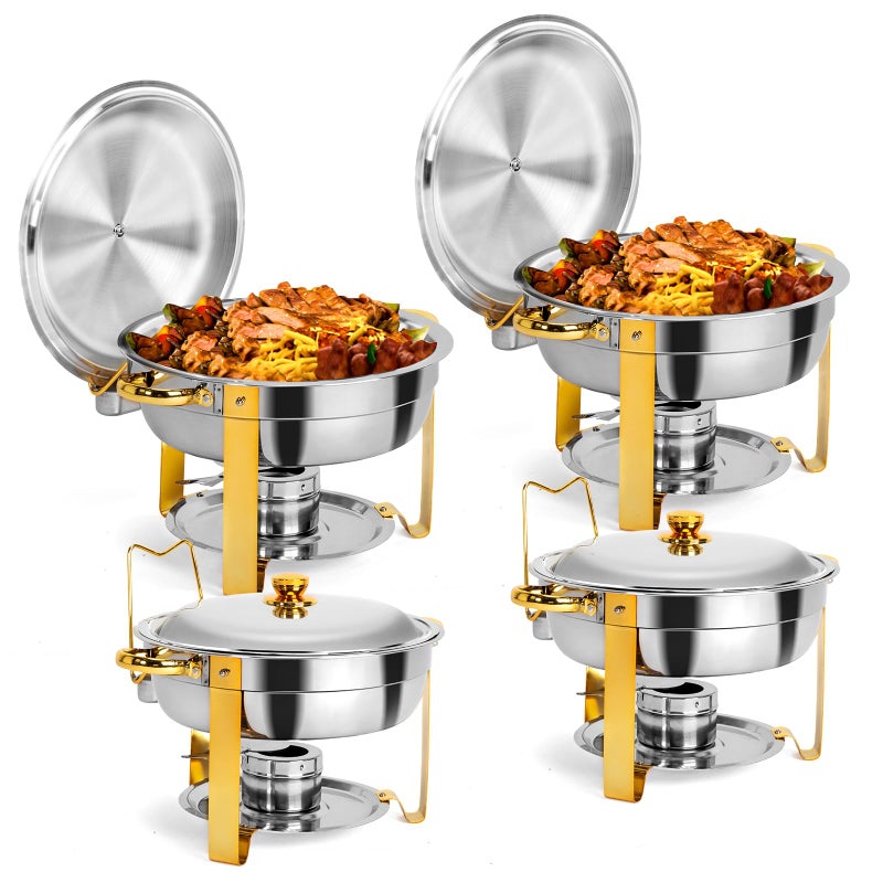 ROVSUN ROVSUN Gold Chafing Dishes for Buffet 5 Qt 4 Pack Round Stainless Steel Chafing Dish Set with Lid Holder Buffet Warmer Set for Parties Christmas Gatherings Catering Events Weddings 