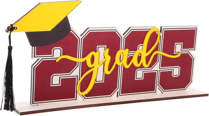 Dark Red Graduation Wooden Table Sign Decoration Reusable Photo Prop Cap Tassel For Party - Image 1