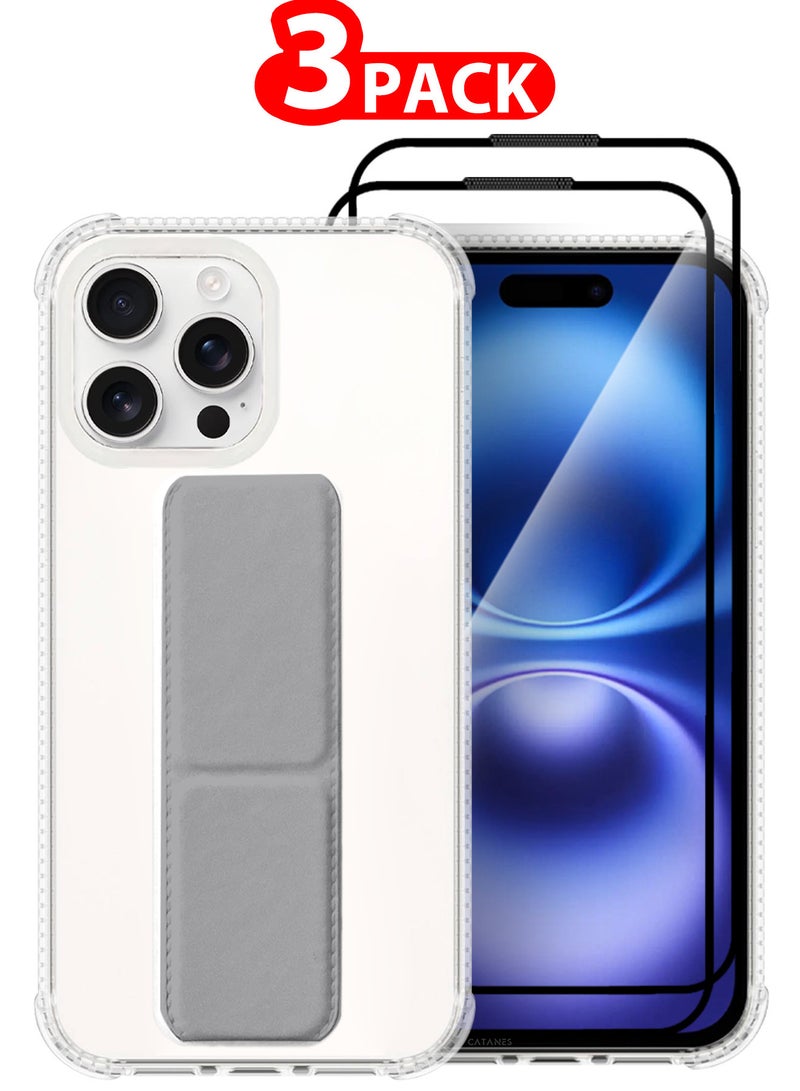 CATANES ( for iPhone 16 Pro ) 3 Pack, 1 Case and 2 Screen Protectors, with Phone Grip and Expanding Stand, Kickstand Fully Protective Cover with Phone Grip Holder - Image 1