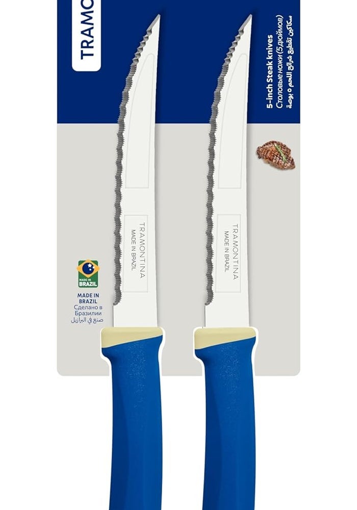 TRAMONTINA Felice Steak Knife Set – 2 Micro-Serrated Stainless Steel Blades with Blue Polypropylene Handles - Image 4