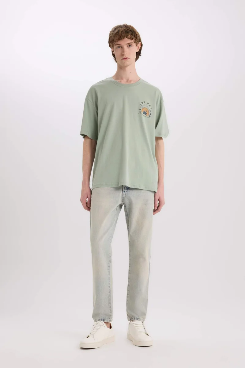 ديفاكتو Oversize Crew Neck Back Printed Cotton T-Shirt