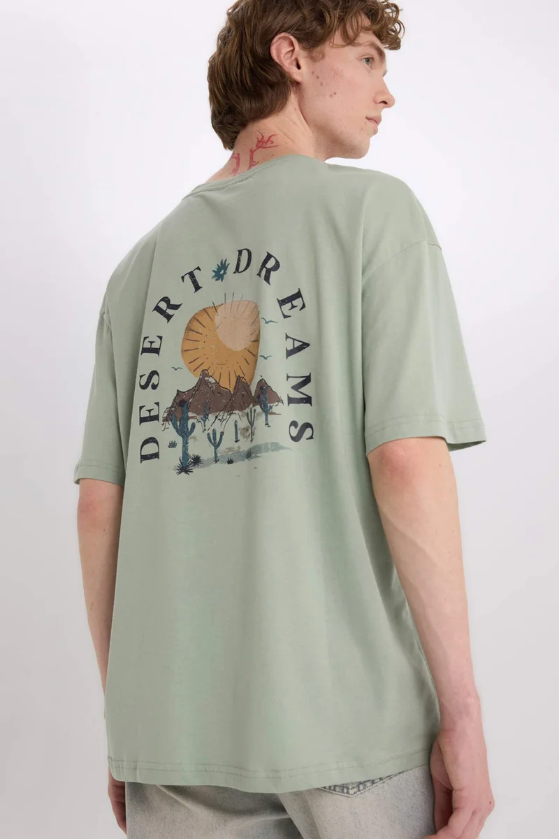 ديفاكتو Oversize Crew Neck Back Printed Cotton T-Shirt