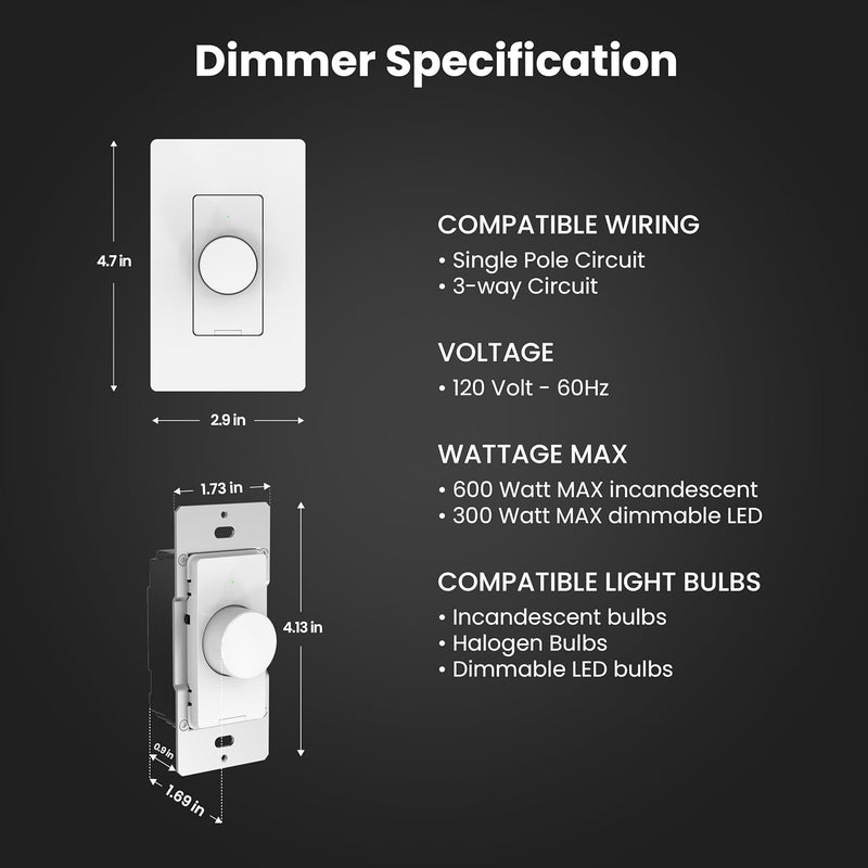 Feit Electric Smart WiFi Rotary Dimmer Switch, Single-Pole/3-Way/4-Way, Works with Alexa & Google Assistant, TRIAC Dimming, EZ Bluetooth Pairing, App Control, Neutral Wire Required, DIM/Rotary/WiFi - Image 2
