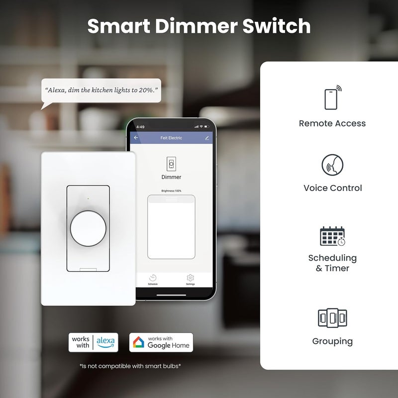 Feit Electric Smart WiFi Rotary Dimmer Switch, Single-Pole/3-Way/4-Way, Works with Alexa & Google Assistant, TRIAC Dimming, EZ Bluetooth Pairing, App Control, Neutral Wire Required, DIM/Rotary/WiFi - Image 4