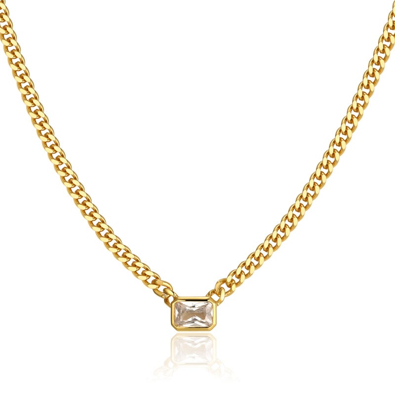espere Baguette CZ Necklace | Emerald Cut Pendant Cuban Link Chain Choker 14'' with 2'' Extender - Image 1