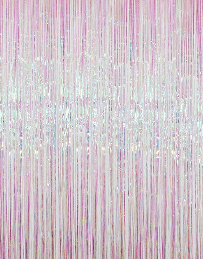 GOER 64 ft x 98 ft Metallic Tinsel Foil Fringe CurtainsPack of 2 Party Streamer Backdrop for Unicorn BirthdayGraduation Decorations and New Year Eve Iridescent