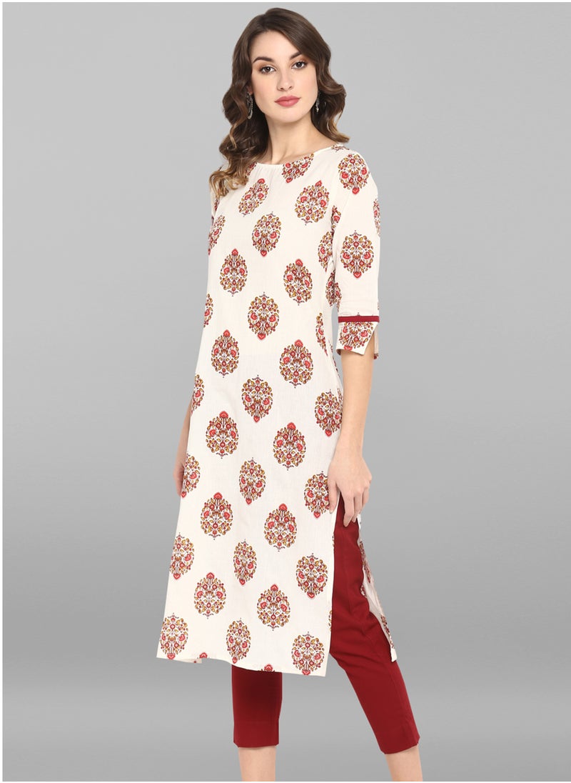 IndHeritage - IndHeritage - Eid kurti collection - Premium cotton kurti - white colour women's kurti / kurta with red ethnic prints - Indian Kurti IDH00012 - Image 1