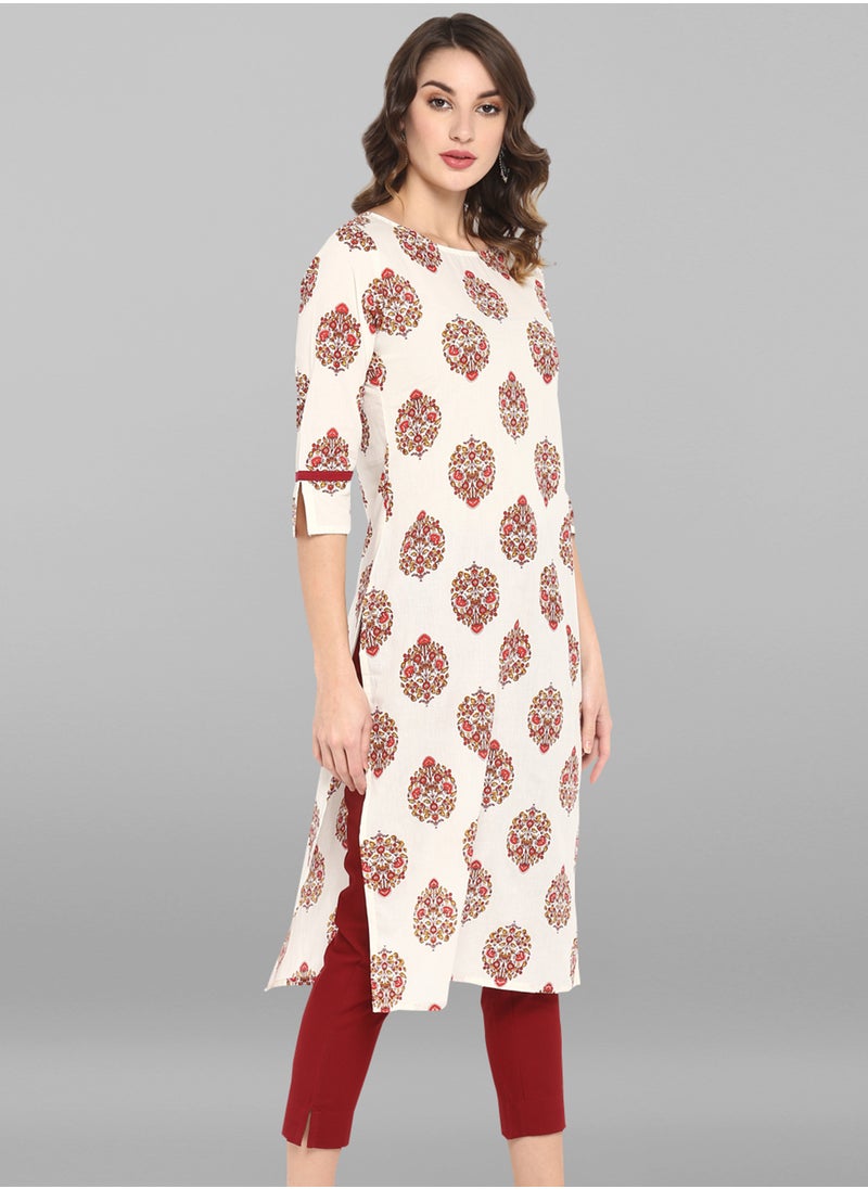 IndHeritage - IndHeritage - Eid kurti collection - Premium cotton kurti - white colour women's kurti / kurta with red ethnic prints - Indian Kurti IDH00012 - Image 1