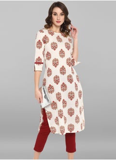 IndHeritage - Eid kurti collection - Premium cotton kurti - white colour women's kurti / kurta with red ethnic prints - Indian Kurti IDH00012