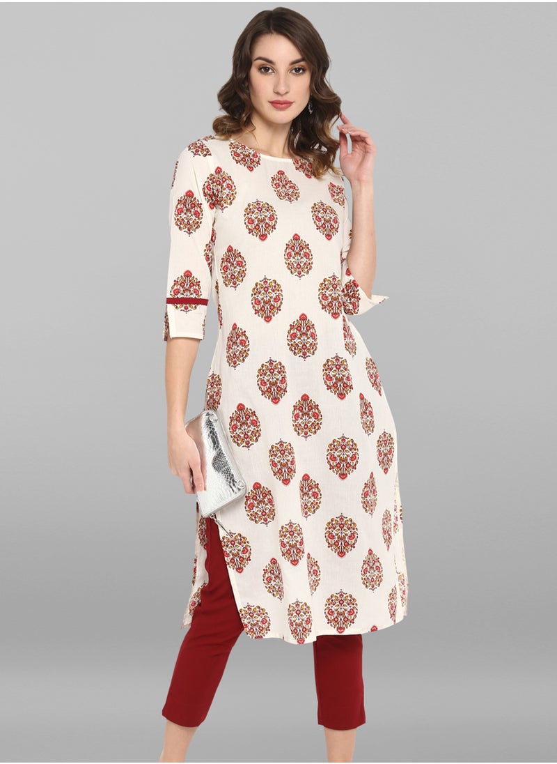 IndHeritage - IndHeritage - Eid kurti collection - Premium cotton kurti - white colour women's kurti / kurta with red ethnic prints - Indian Kurti IDH00012 - Image 1