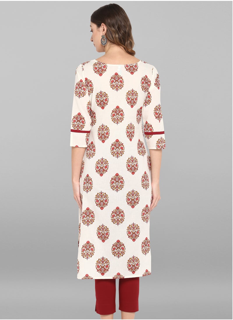 IndHeritage - IndHeritage - Eid kurti collection - Premium cotton kurti - white colour women's kurti / kurta with red ethnic prints - Indian Kurti IDH00012 - Image 1