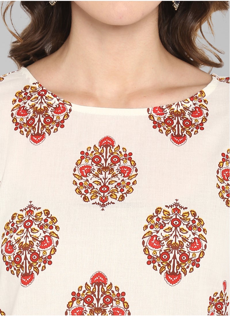 IndHeritage - IndHeritage - Eid kurti collection - Premium cotton kurti - white colour women's kurti / kurta with red ethnic prints - Indian Kurti IDH00012 - Image 1