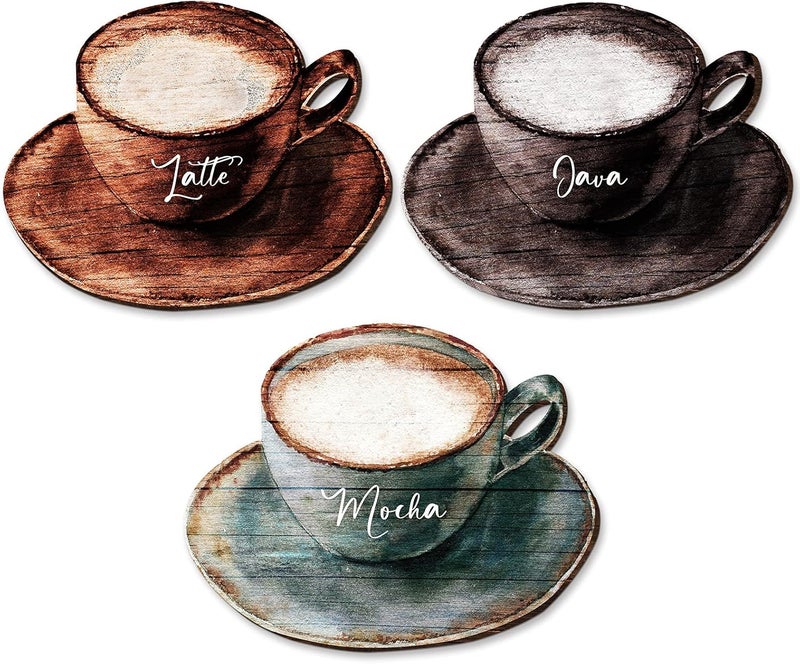 Blulu 3 Pcs Coffee Wooden Wall Art Decor Coffee Cup Wooden Wall Sign Retro Java Letter Mocha Sign Farmhouse Decorations for Kitchen Dessert Shop Home Door Gift - Image 1