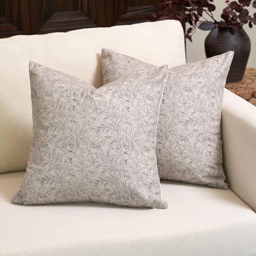 Amor Virisso Floral Throw Pillow Covers 18x18 Set of 2 Vintage Block Print Pillow Covers Decorative Pillow Covers Couch Pillows for Living Room Farmhouse Accent Sofa Pillows, Black/Sand - Image 1
