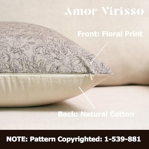 Amor Virisso Floral Throw Pillow Covers 18x18 Set of 2 Vintage Block Print Pillow Covers Decorative Pillow Covers Couch Pillows for Living Room Farmhouse Accent Sofa Pillows, Black/Sand - Image 2