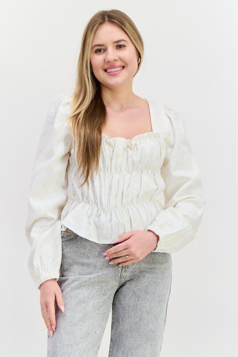 En Saison Women Square Neck Long Sleeve Embroidered Blouse, Off White  - Image 1