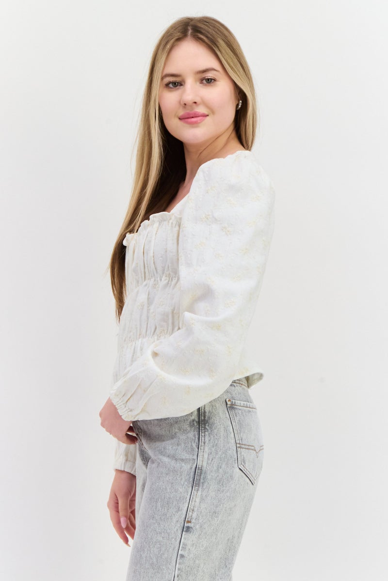 En Saison Women Square Neck Long Sleeve Embroidered Blouse, Off White  - Image 2